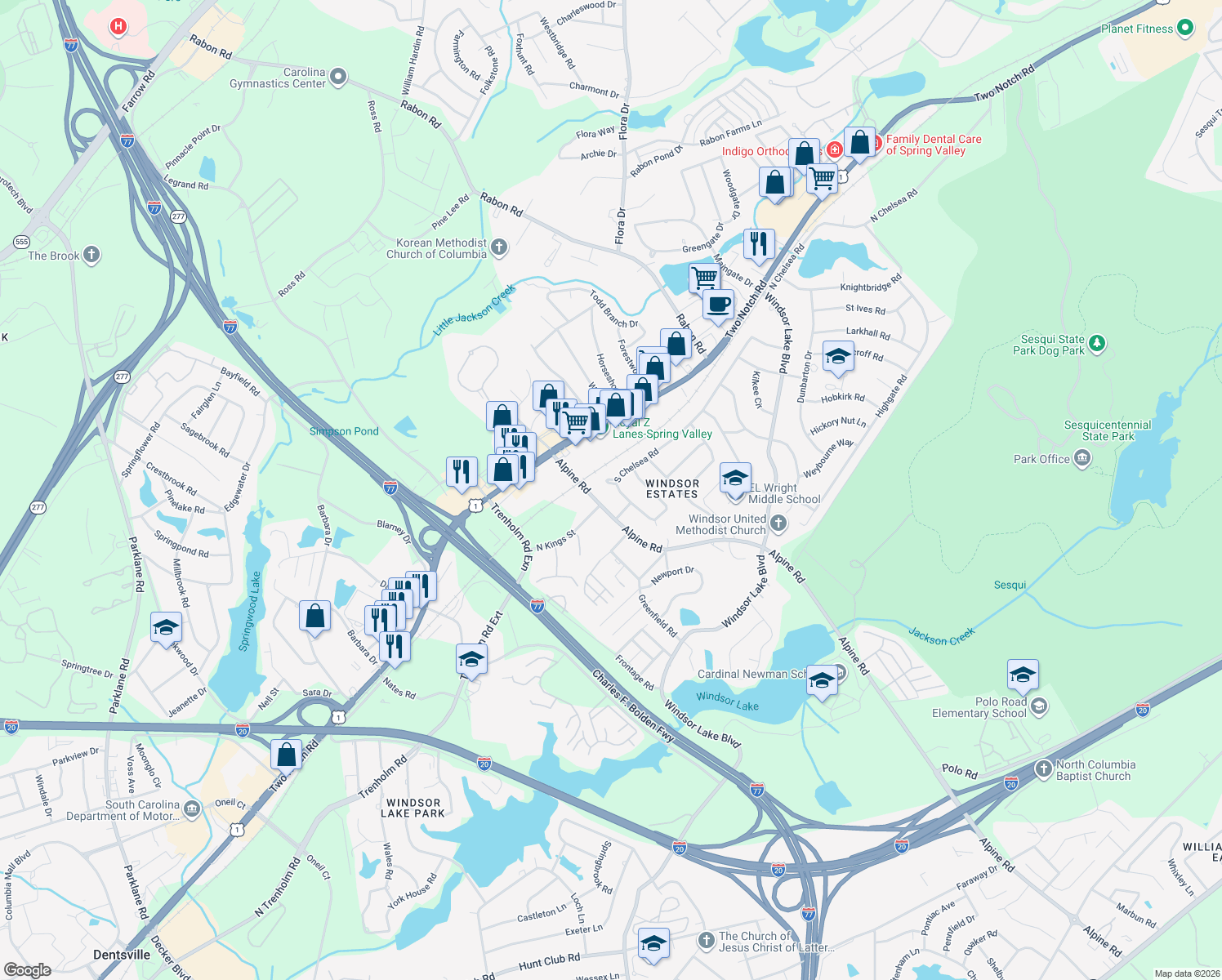 map of restaurants, bars, coffee shops, grocery stores, and more near 9409 South Chelsea Road in Columbia