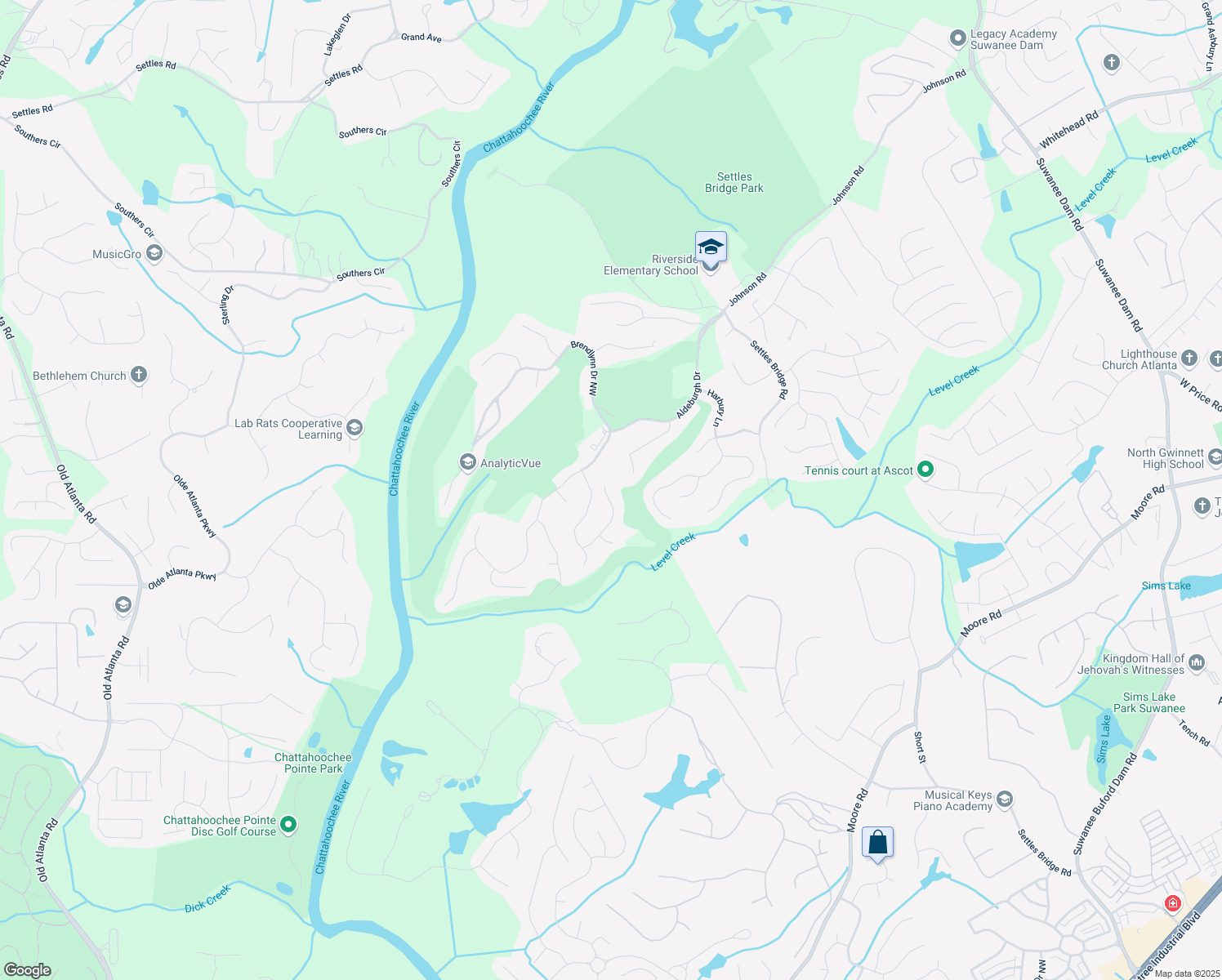 map of restaurants, bars, coffee shops, grocery stores, and more near 580 Grimsby Court in Suwanee
