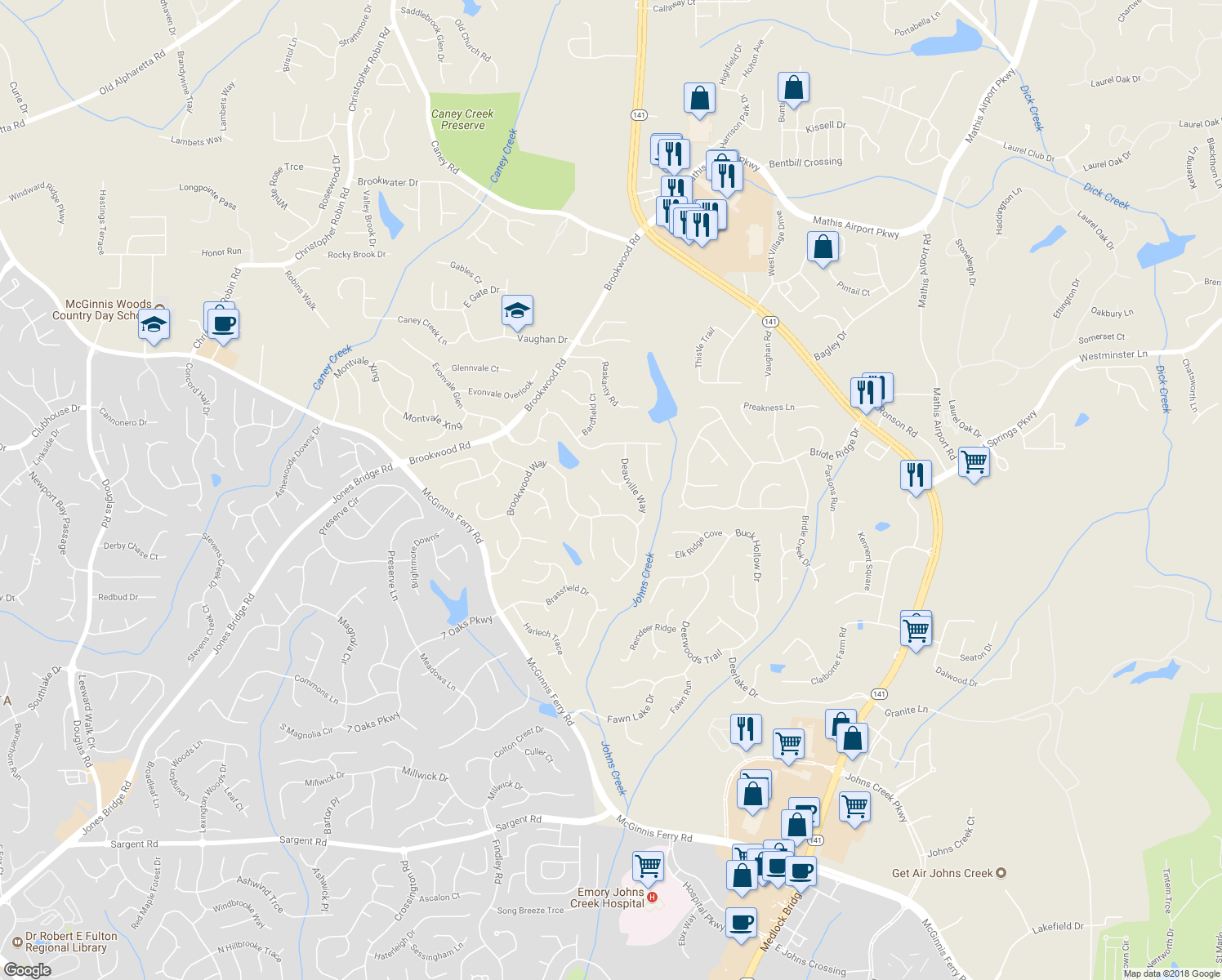 map of restaurants, bars, coffee shops, grocery stores, and more near 3905 Barberry Court in Cumming