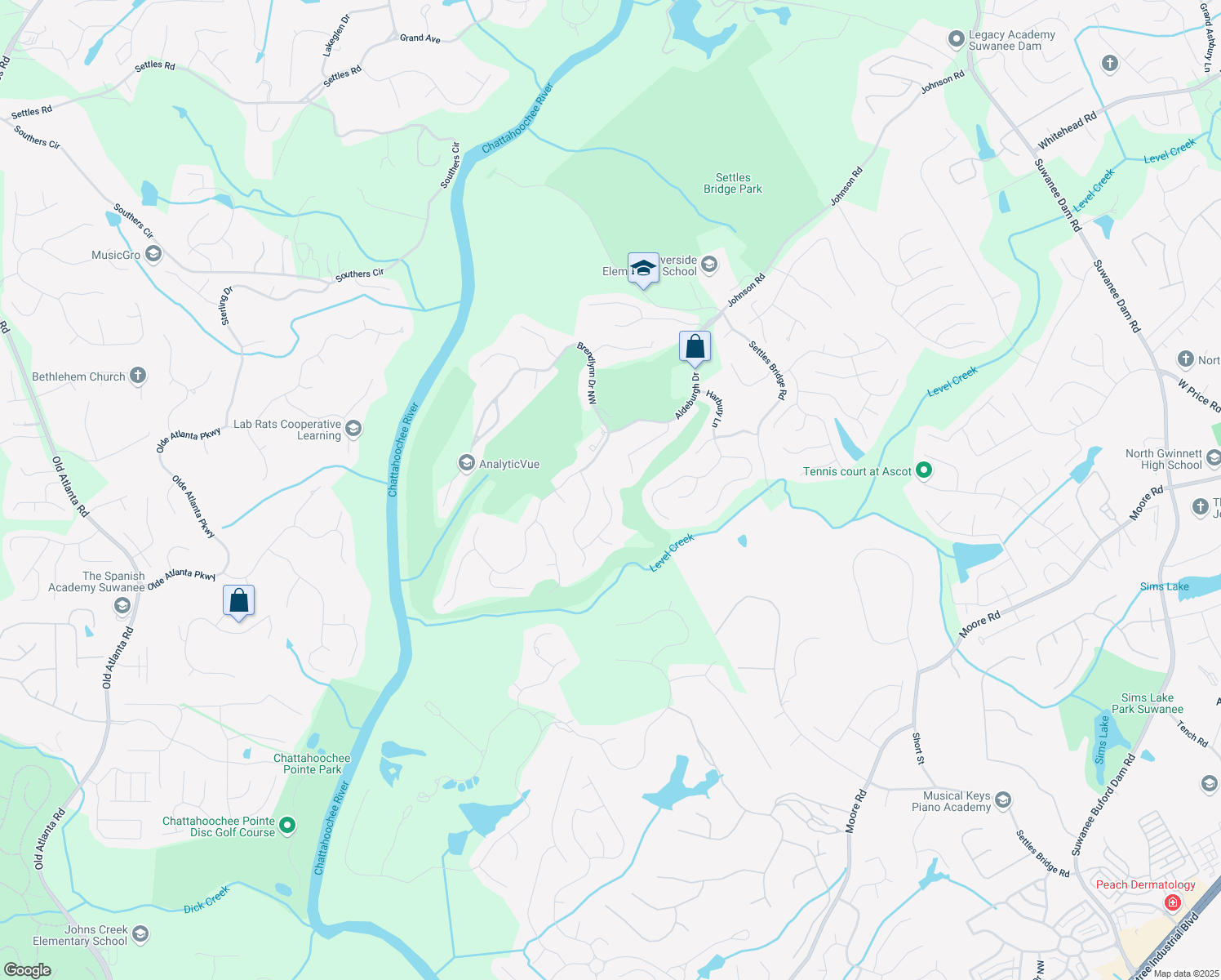 map of restaurants, bars, coffee shops, grocery stores, and more near 580 Grimsby Court in Suwanee