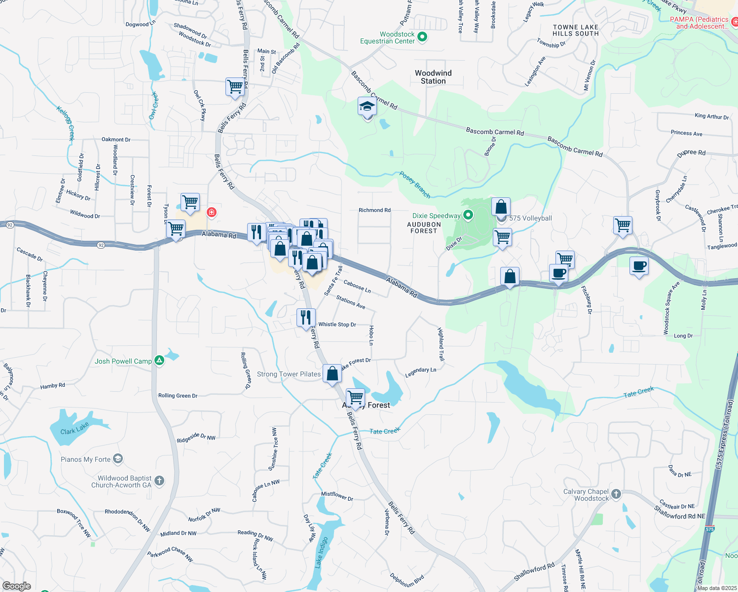 map of restaurants, bars, coffee shops, grocery stores, and more near 209 Caboose Ln in Woodstock