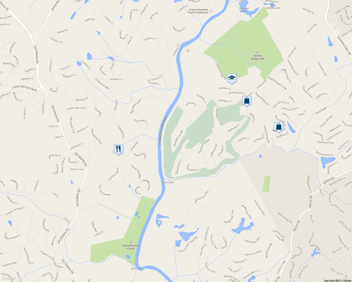 map of restaurants, bars, coffee shops, grocery stores, and more near 5083 Brendlynn Dr NW in Suwanee