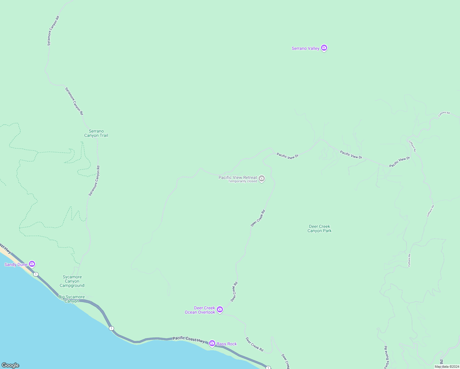 map of restaurants, bars, coffee shops, grocery stores, and more near 9533 Deer Creek Road in Malibu