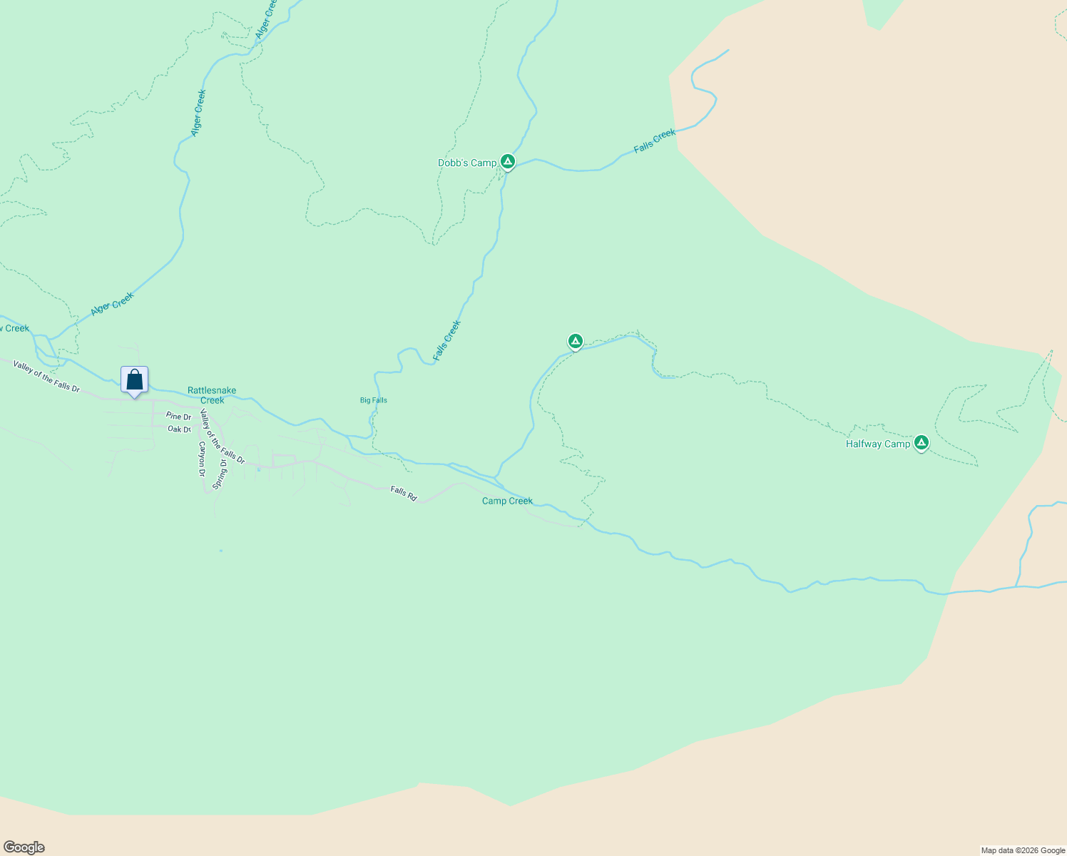 map of restaurants, bars, coffee shops, grocery stores, and more near 9540 Falls Drive in Forest Falls