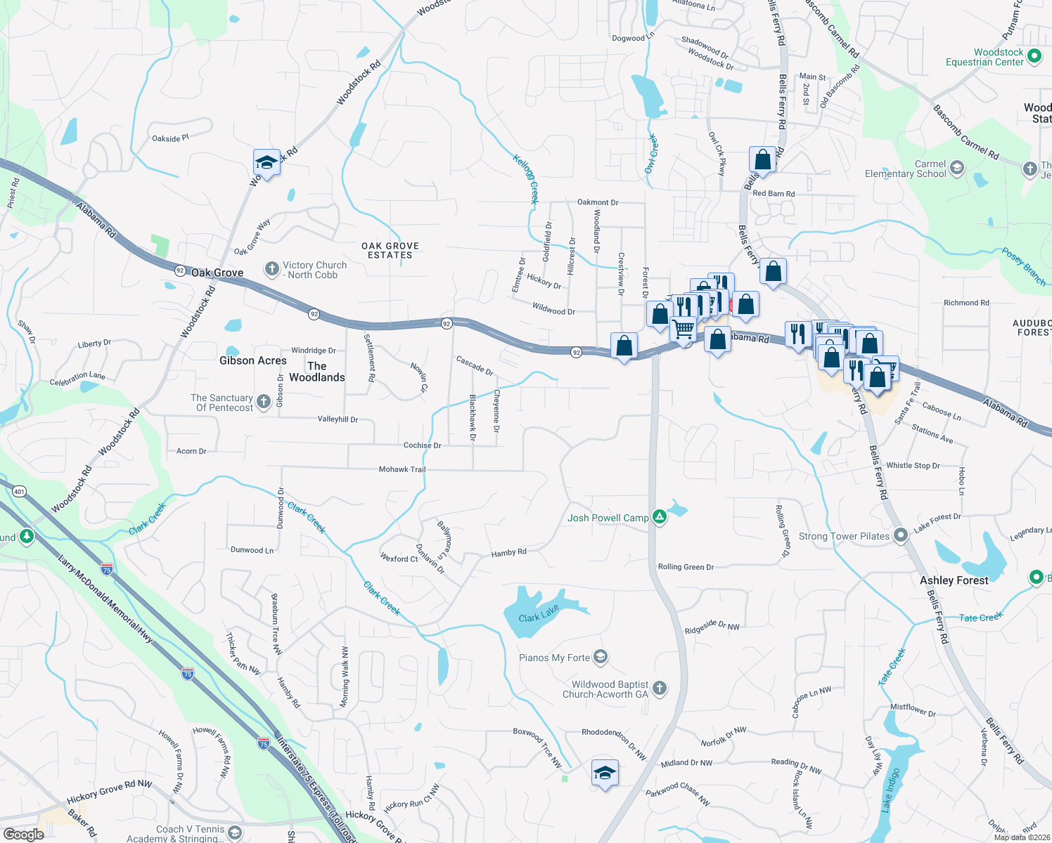 map of restaurants, bars, coffee shops, grocery stores, and more near 1648 Shadowbrook Drive in Acworth