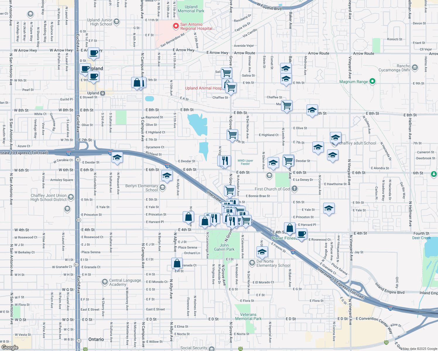 map of restaurants, bars, coffee shops, grocery stores, and more near East La Deney Court in Ontario