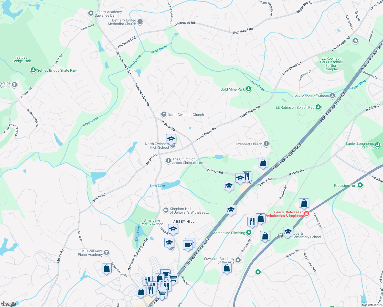 map of restaurants, bars, coffee shops, grocery stores, and more near 4864 West Price Road in Buford