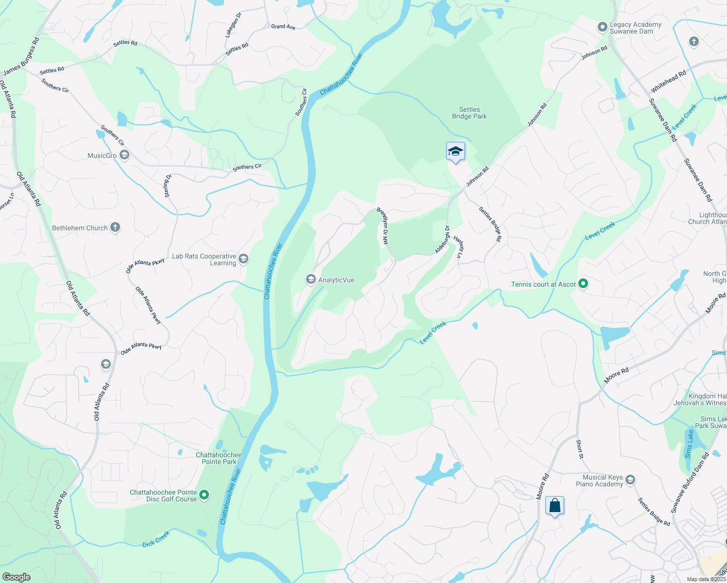 map of restaurants, bars, coffee shops, grocery stores, and more near 5224 Brendlynn Drive Northwest in Suwanee