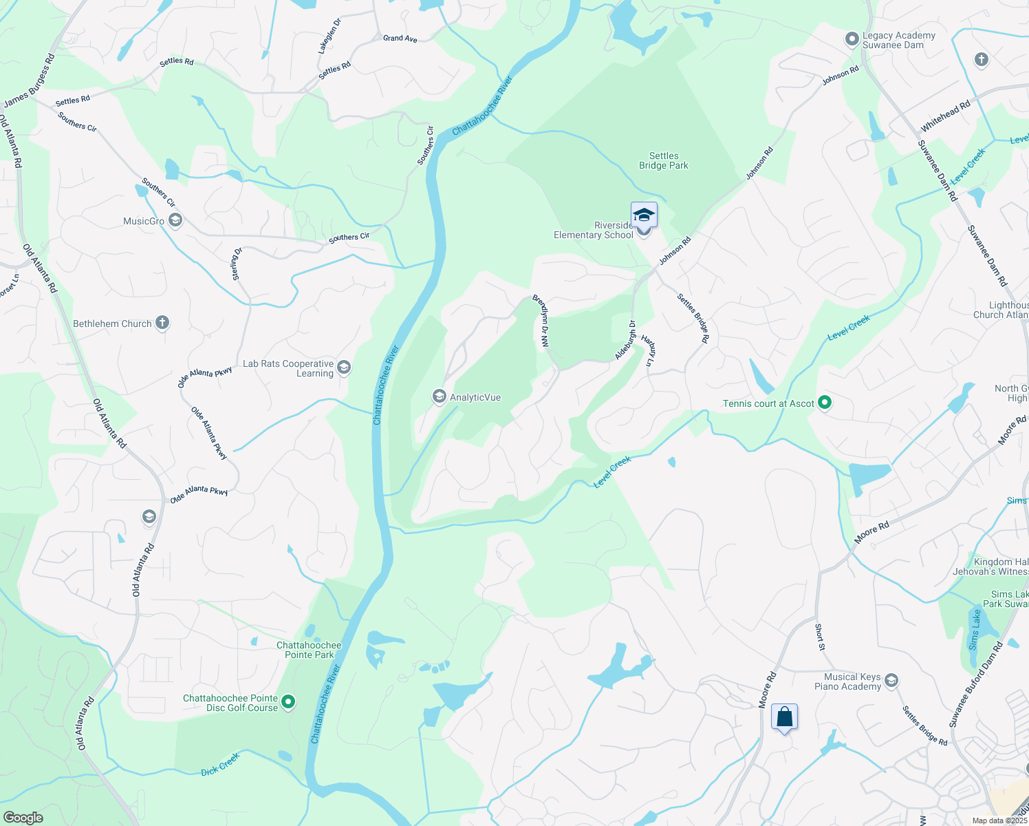 map of restaurants, bars, coffee shops, grocery stores, and more near 5224 Brendlynn Drive Northwest in Suwanee