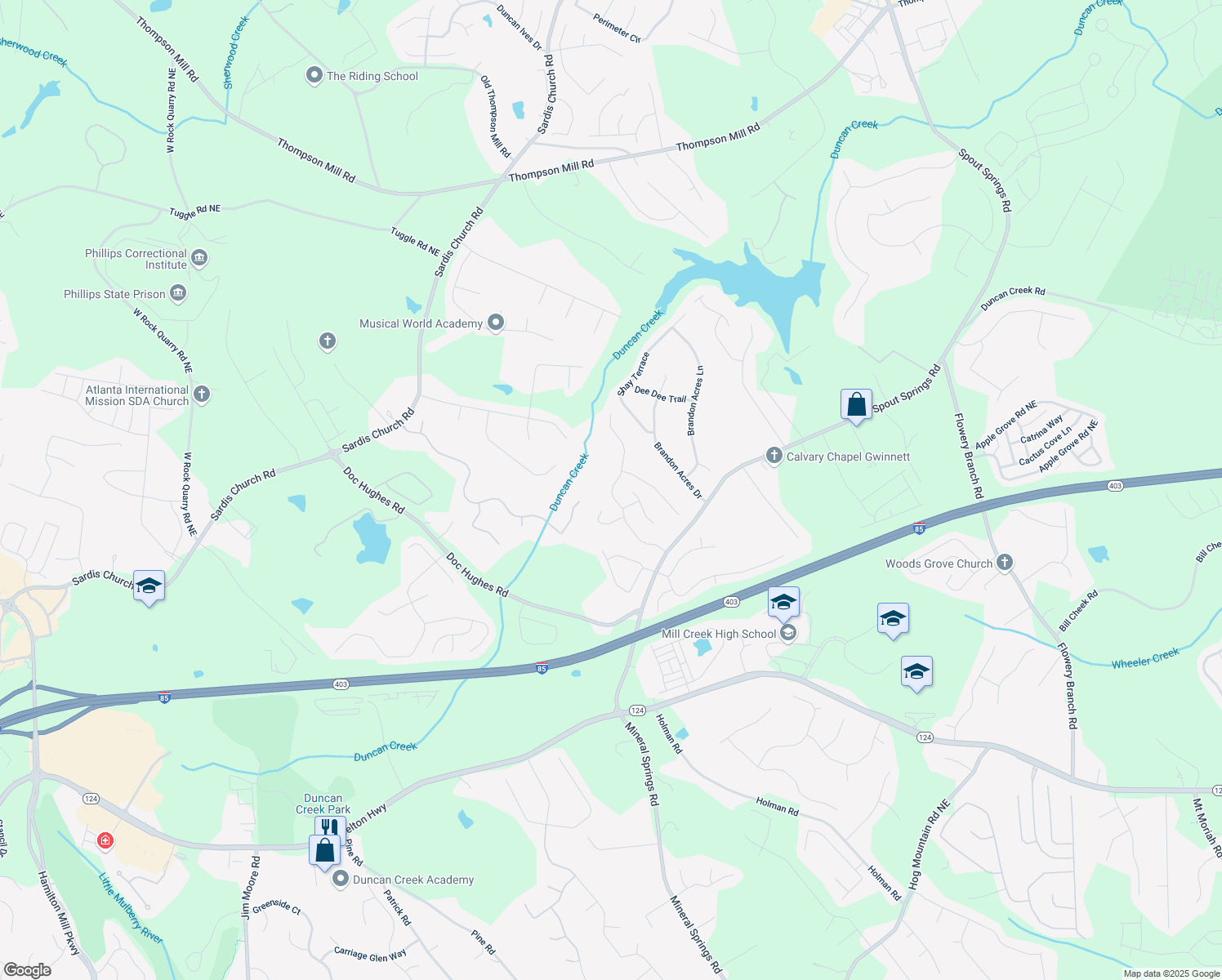 map of restaurants, bars, coffee shops, grocery stores, and more near 2358 Well Springs Drive in Buford