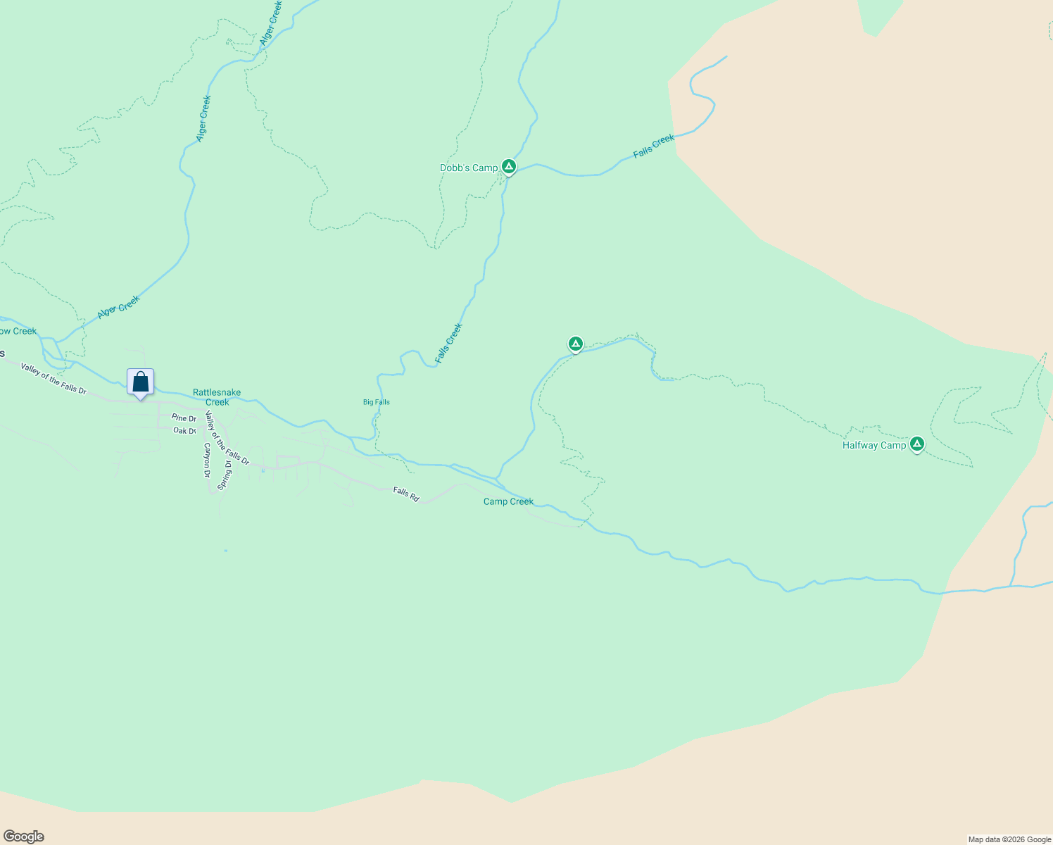 map of restaurants, bars, coffee shops, grocery stores, and more near 9540 Falls Drive in Forest Falls