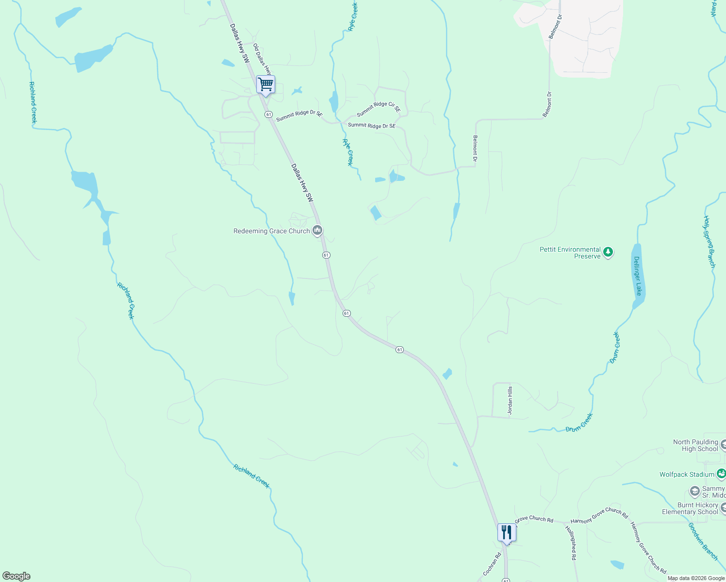 map of restaurants, bars, coffee shops, grocery stores, and more near 64 Mayfield Road Southeast in Cartersville