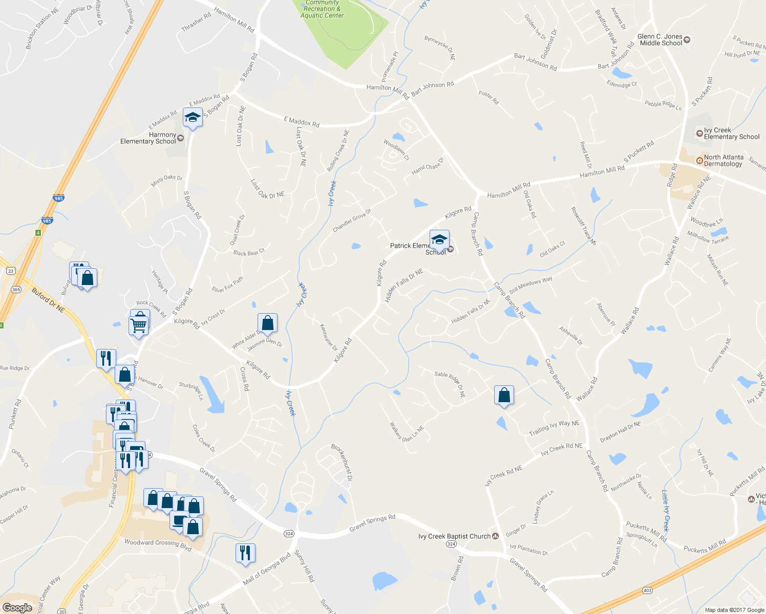map of restaurants, bars, coffee shops, grocery stores, and more near 3517 Ravens Nest Trail in Buford