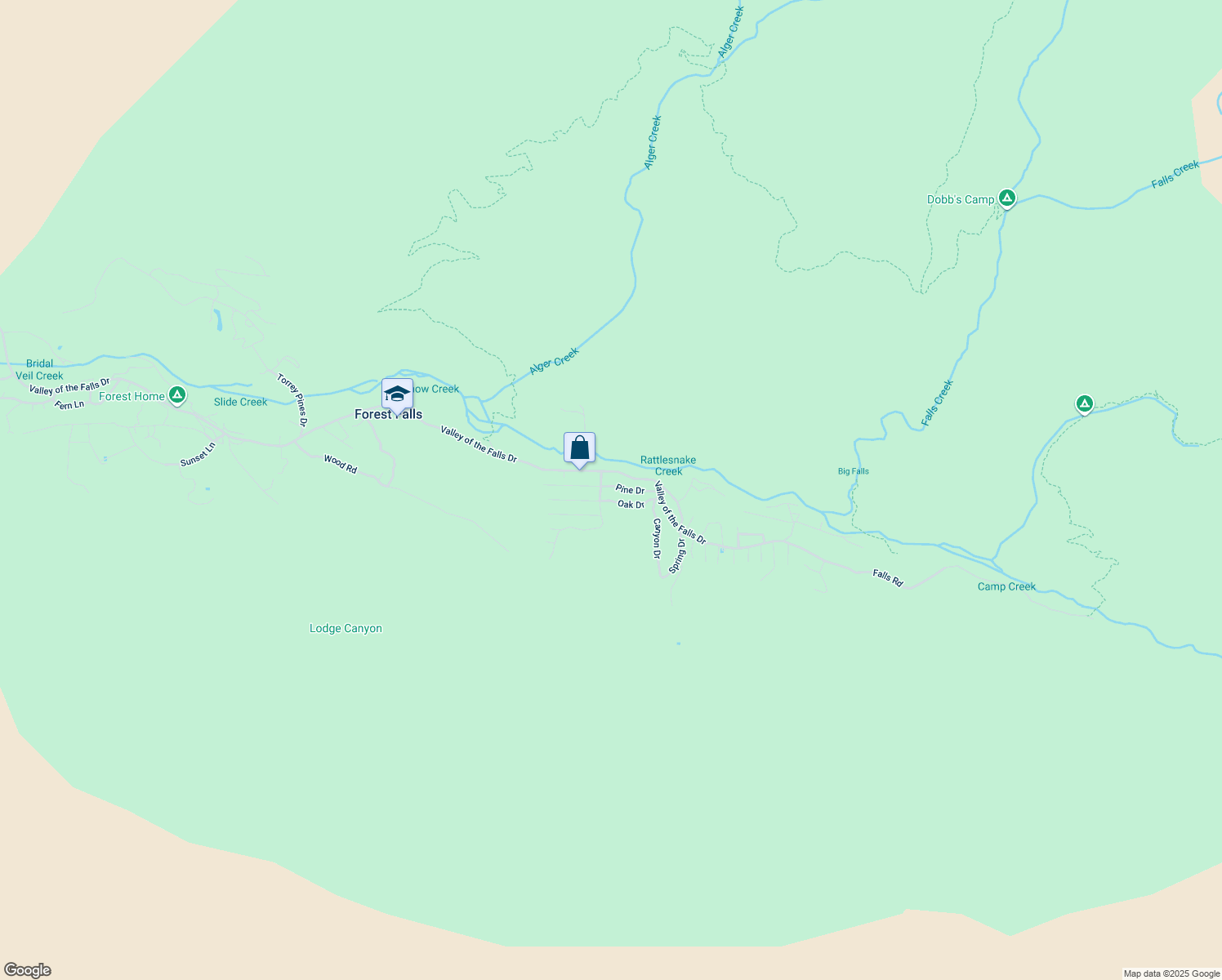 map of restaurants, bars, coffee shops, grocery stores, and more near 41061 Pine Drive in Forest Falls