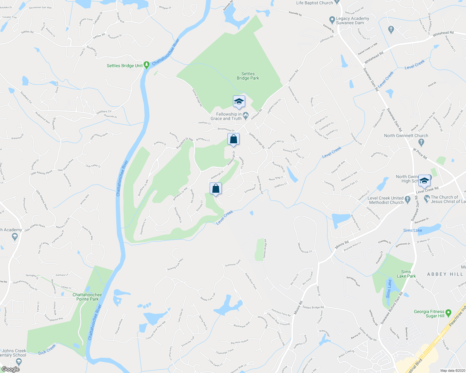 map of restaurants, bars, coffee shops, grocery stores, and more near 5275 Harbury Lane in Suwanee