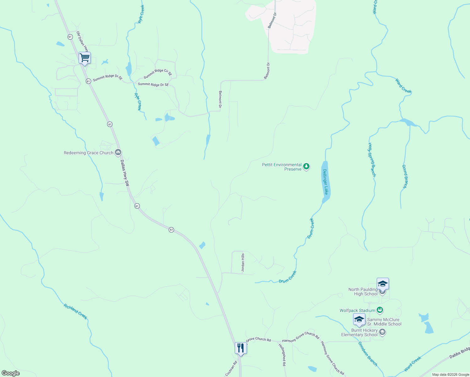 map of restaurants, bars, coffee shops, grocery stores, and more near 52 Douthit Bridge Road in Dallas