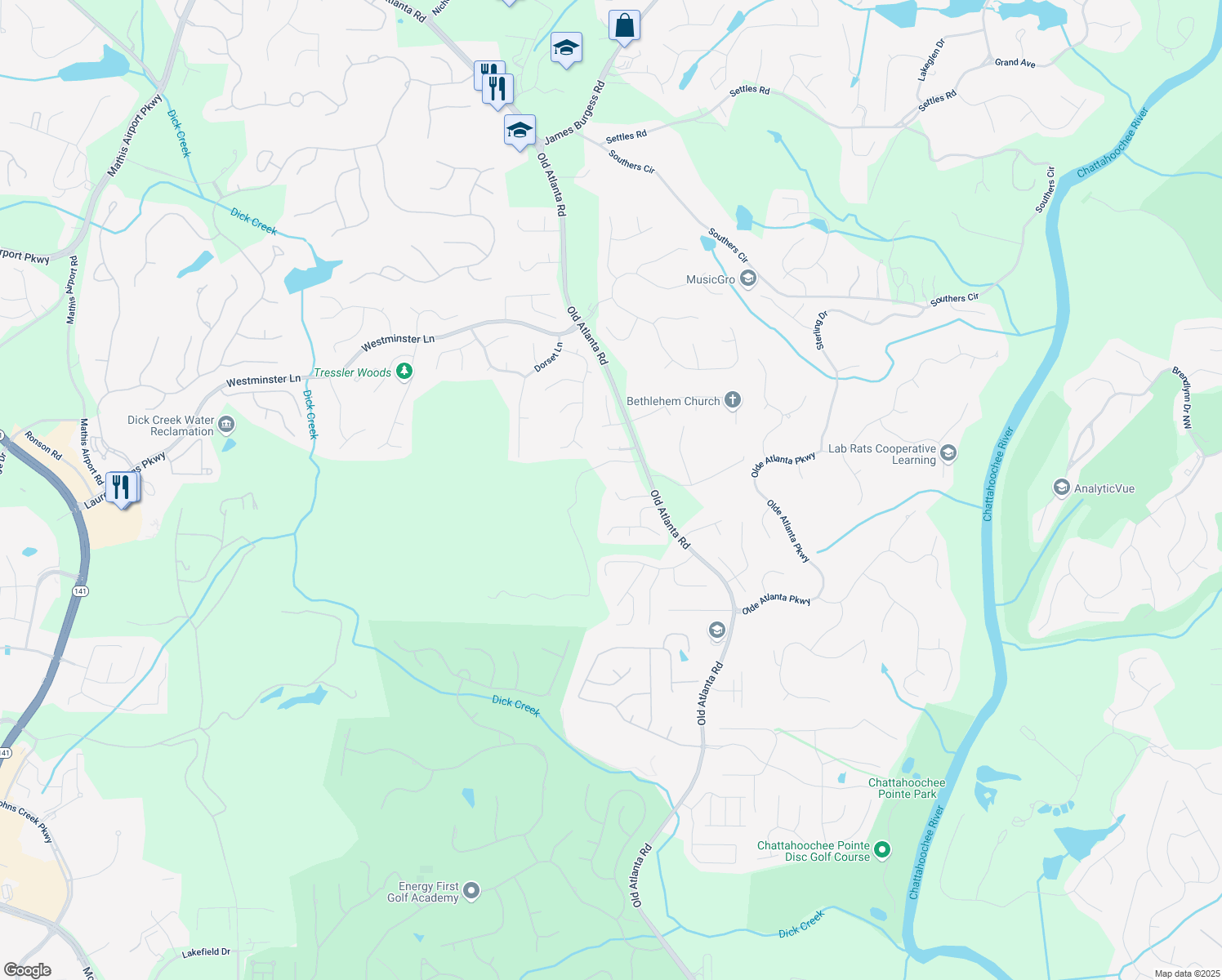 map of restaurants, bars, coffee shops, grocery stores, and more near 5250 Old Atlanta Road in Suwanee