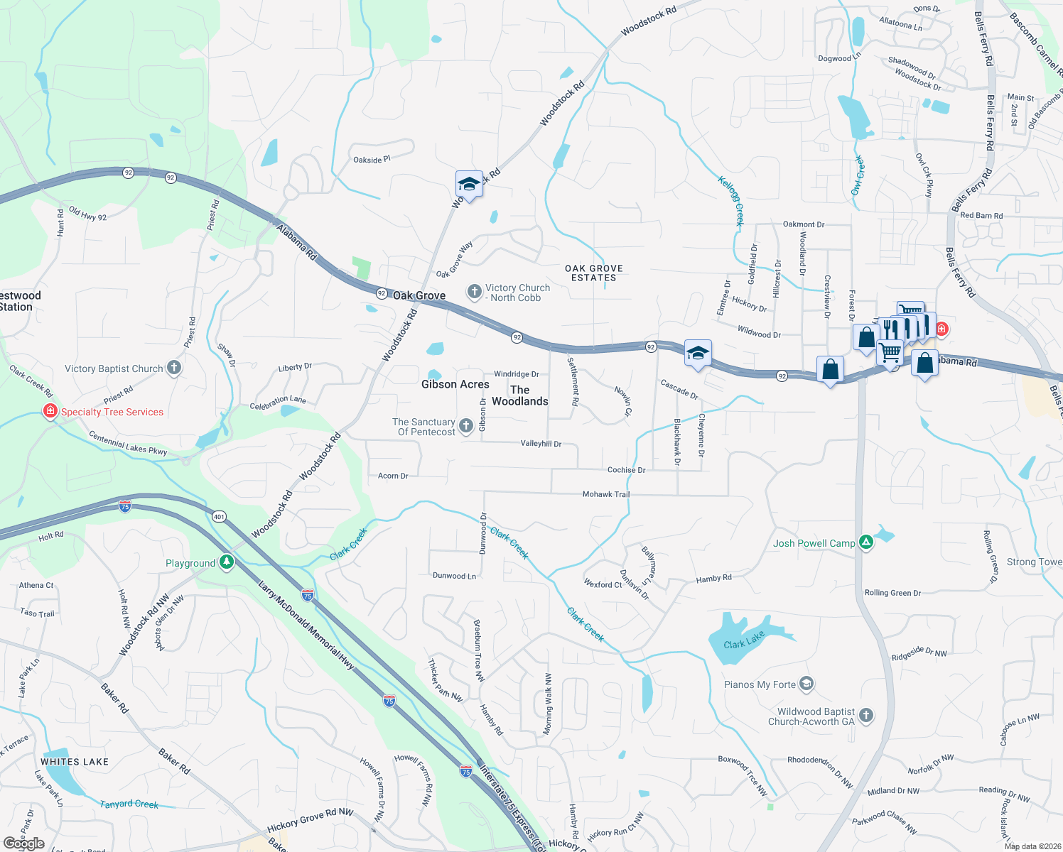 map of restaurants, bars, coffee shops, grocery stores, and more near 2633 Royal Oak Ct in Acworth