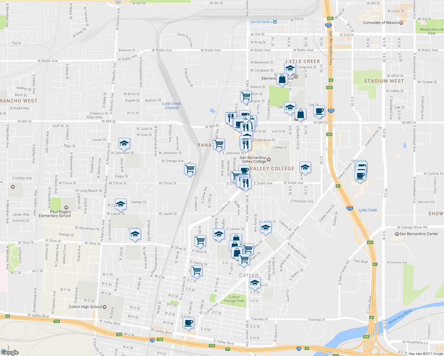 map of restaurants, bars, coffee shops, grocery stores, and more near 1541 Rialto Avenue in Colton