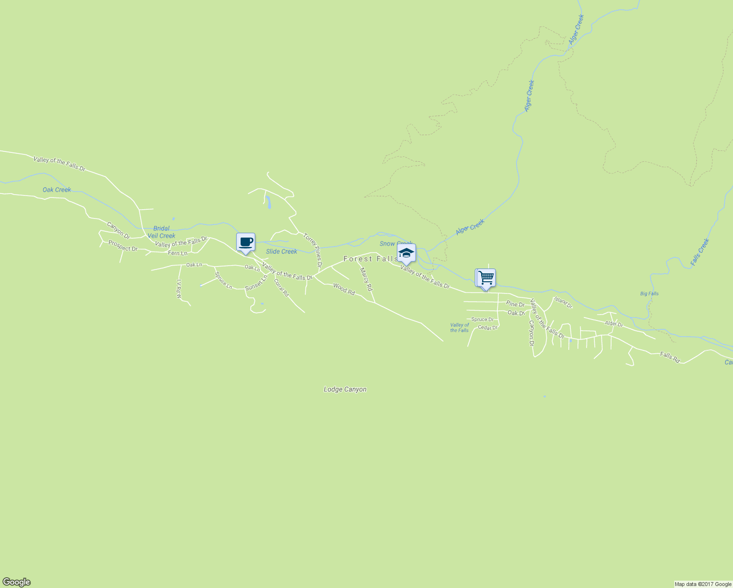 map of restaurants, bars, coffee shops, grocery stores, and more near 9245 Wood Road in Forest Falls