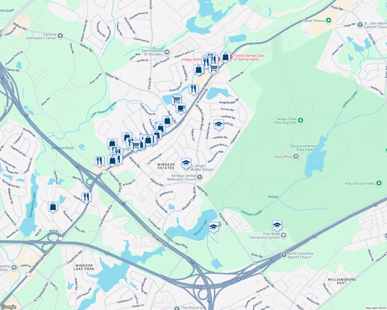map of restaurants, bars, coffee shops, grocery stores, and more near 9653 Windsor Lake Boulevard in Columbia