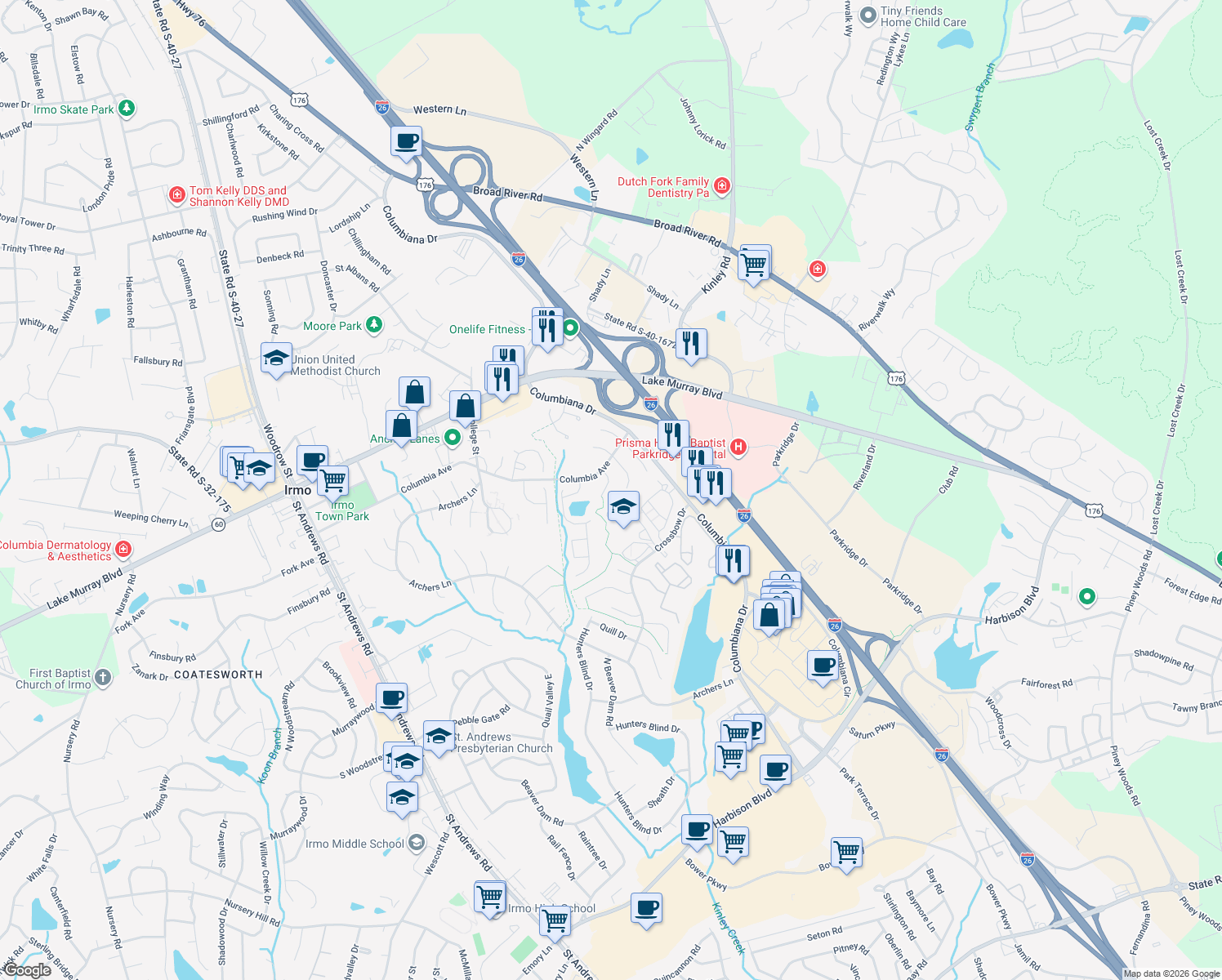 map of restaurants, bars, coffee shops, grocery stores, and more near 26 Saddleback Ledge Court in Irmo