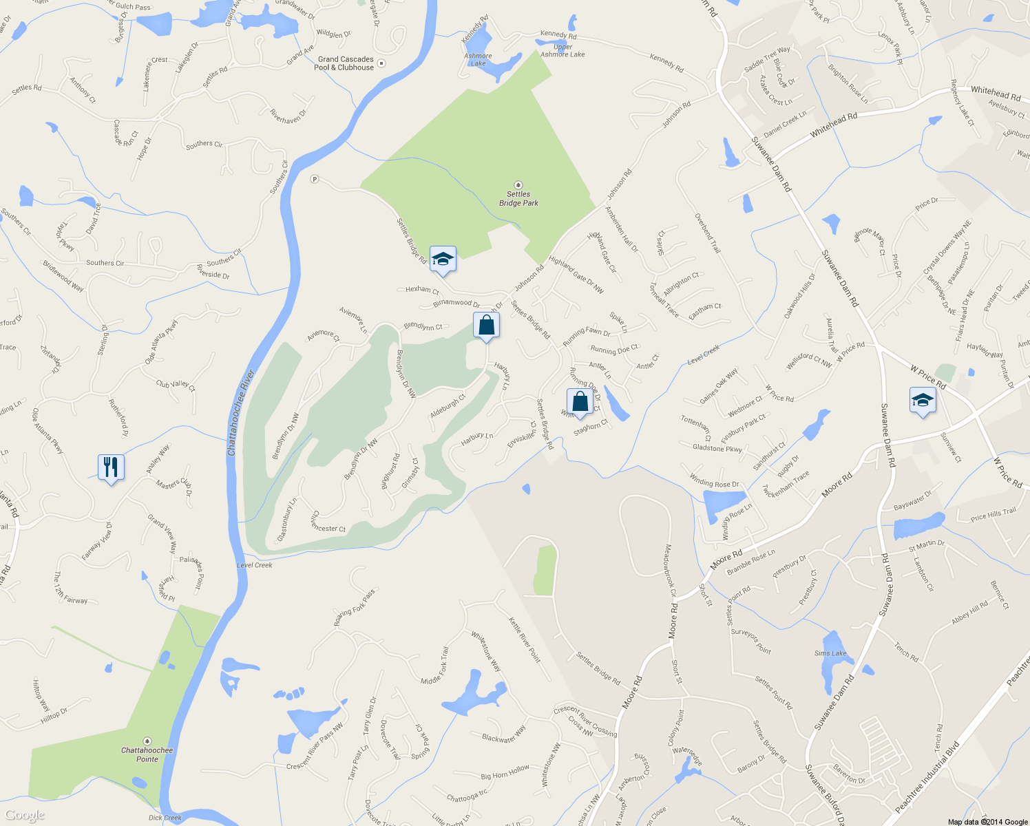 map of restaurants, bars, coffee shops, grocery stores, and more near 5283 Enniskillen Ct in Suwanee