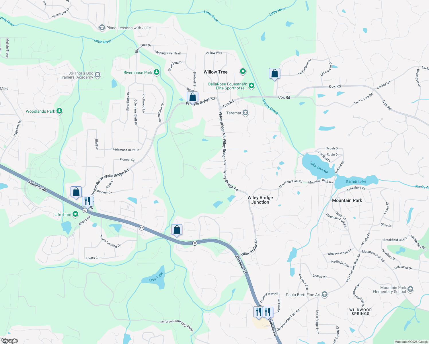 map of restaurants, bars, coffee shops, grocery stores, and more near 107 Alice Bridge Way in Woodstock
