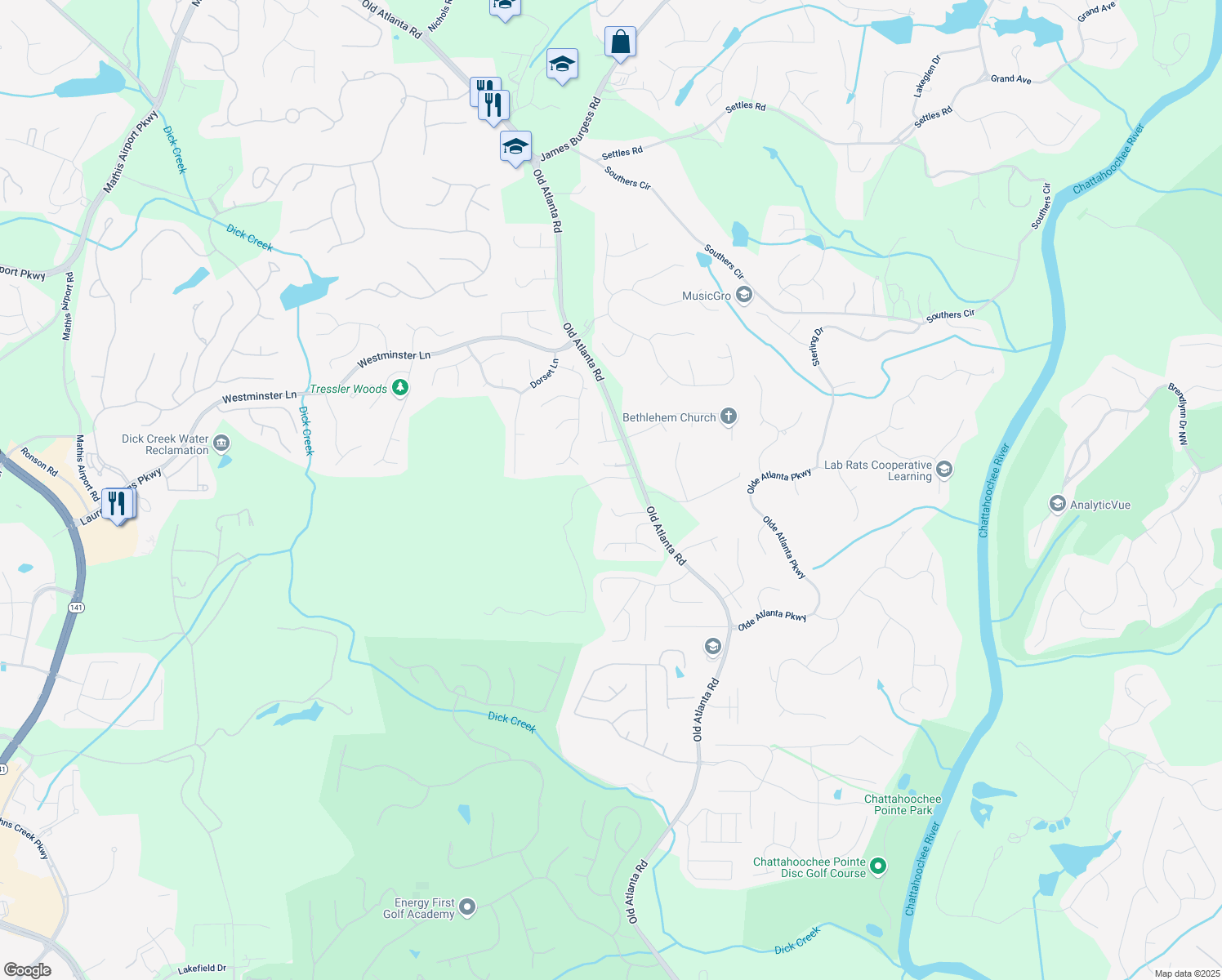 map of restaurants, bars, coffee shops, grocery stores, and more near 5250 Old Atlanta Road in Suwanee