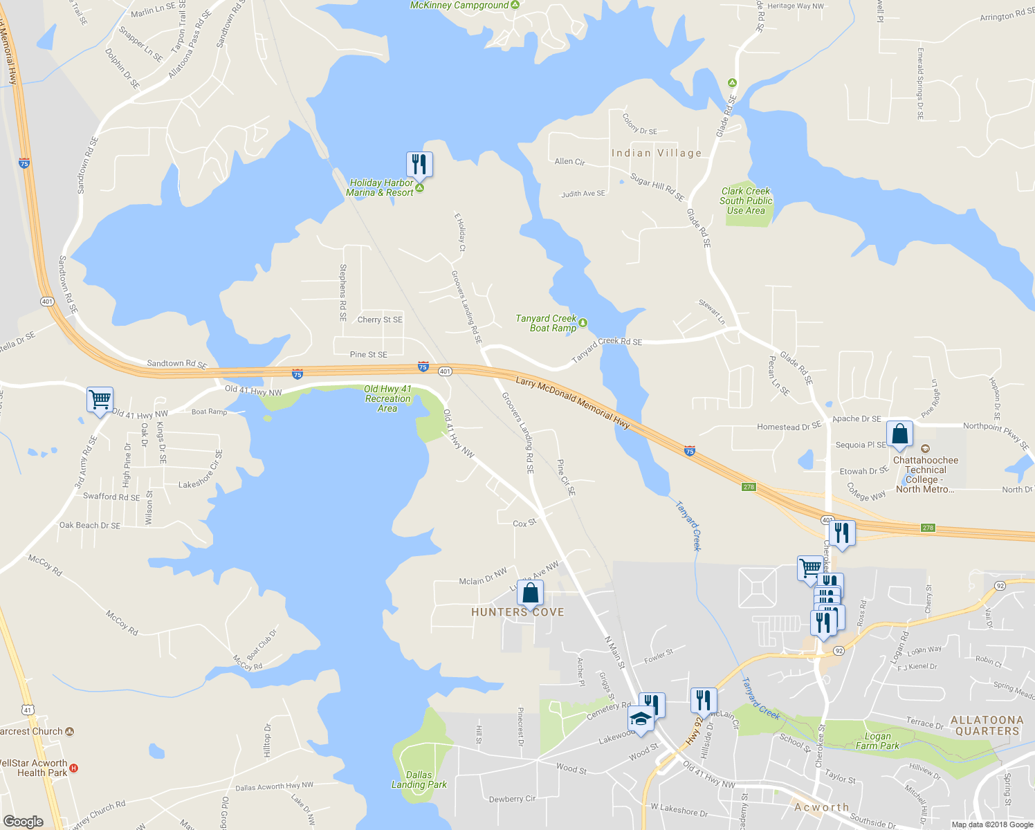 map of restaurants, bars, coffee shops, grocery stores, and more near 5320 Groovers Landing Road Southeast in Acworth