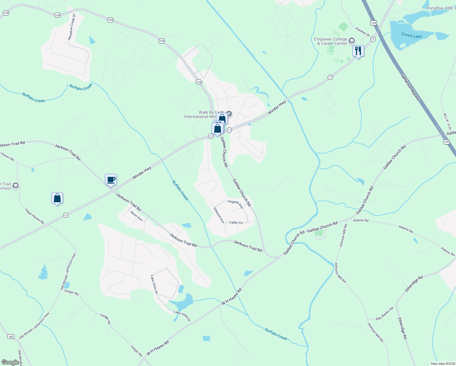map of restaurants, bars, coffee shops, grocery stores, and more near 3299 Galilee Church Road in Jefferson