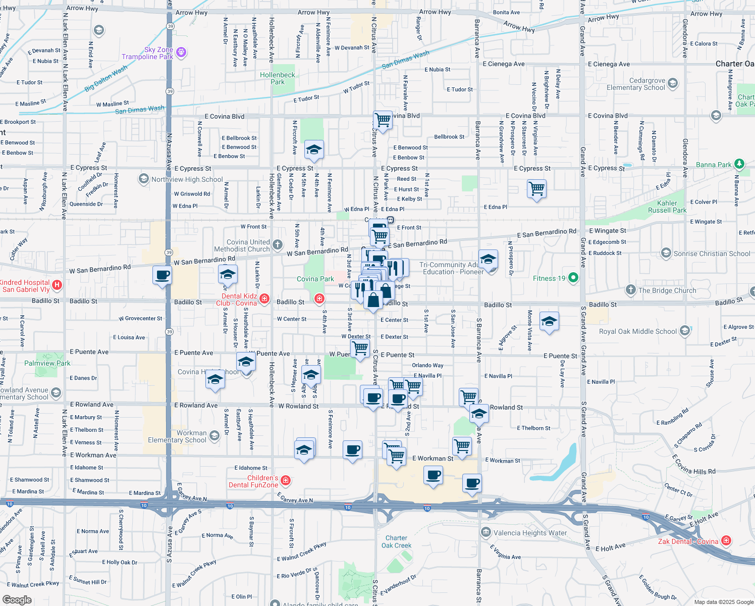 map of restaurants, bars, coffee shops, grocery stores, and more near 102 East Badillo Street in Covina