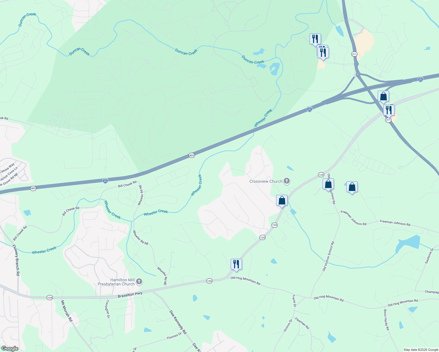 map of restaurants, bars, coffee shops, grocery stores, and more near 1953 East Bay Street in Hoschton