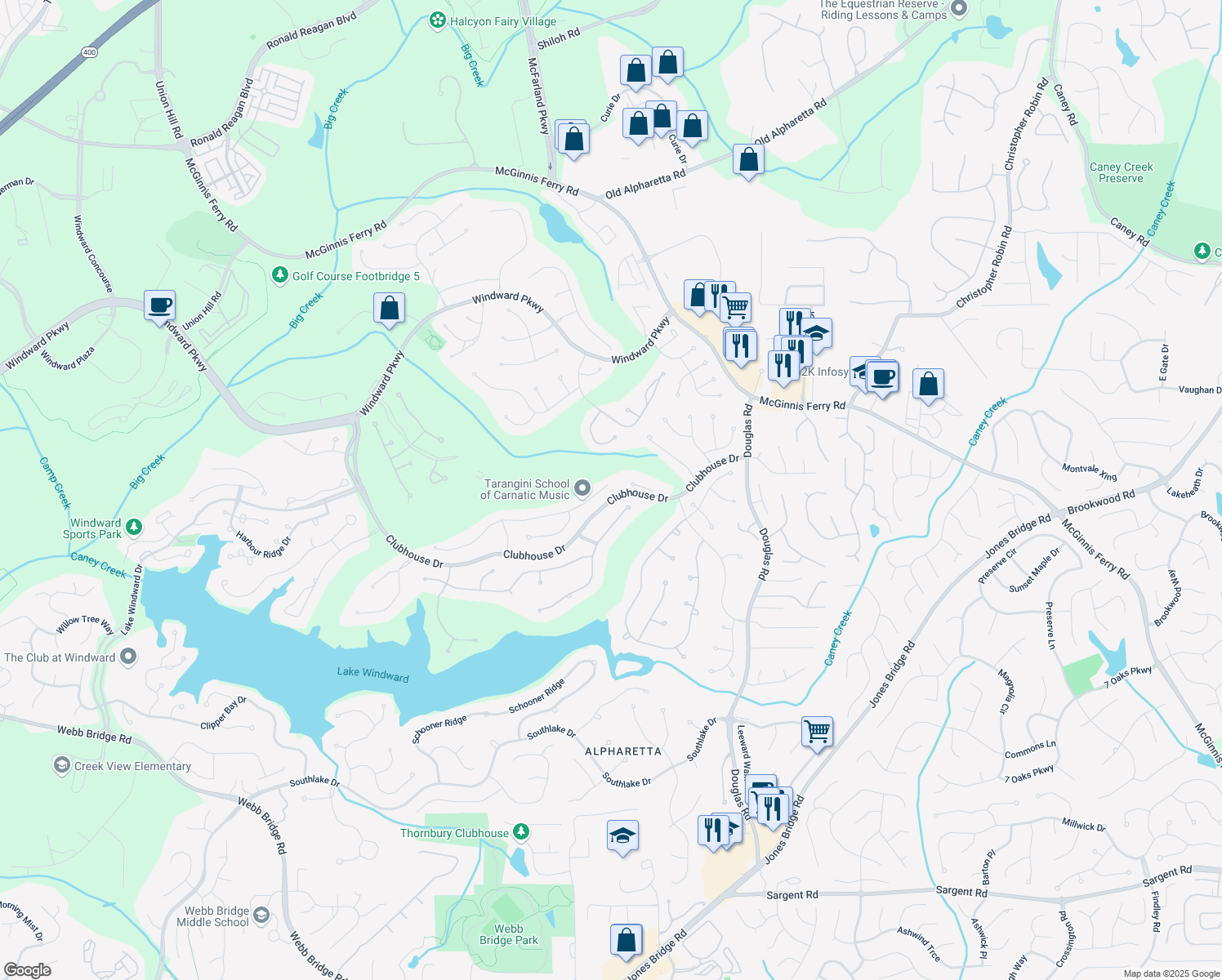 map of restaurants, bars, coffee shops, grocery stores, and more near 2260 Bent Creek Manor in Alpharetta