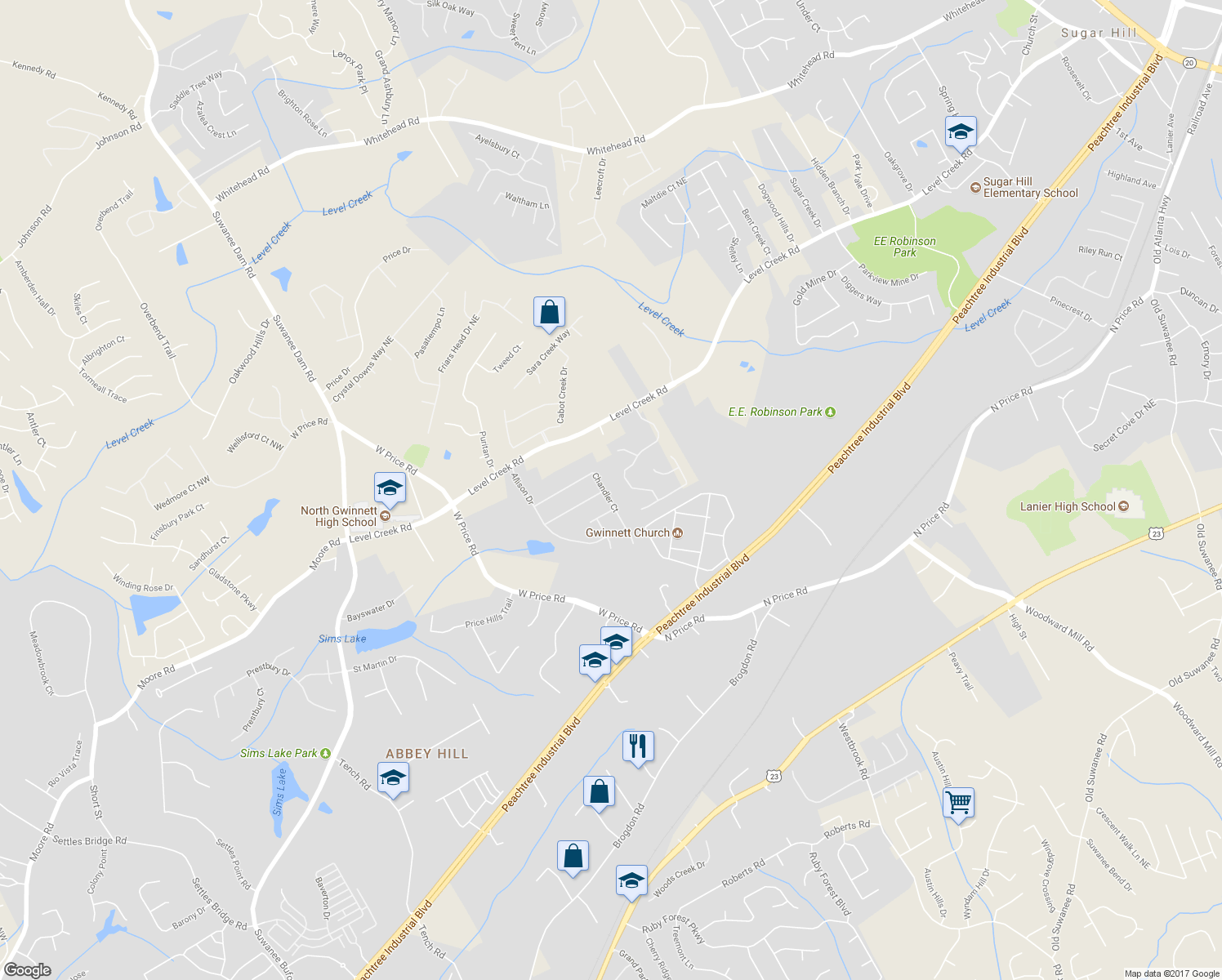 map of restaurants, bars, coffee shops, grocery stores, and more near 380 Chandler Court in Sugar Hill