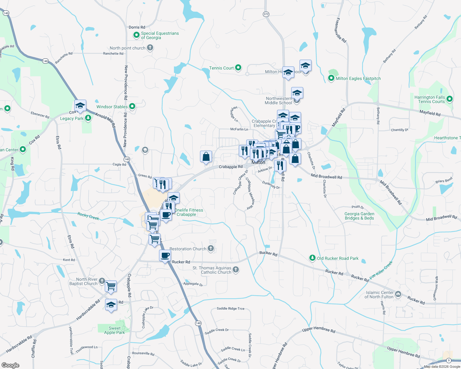 map of restaurants, bars, coffee shops, grocery stores, and more near 12530 Crabapple Tree Ct in Alpharetta
