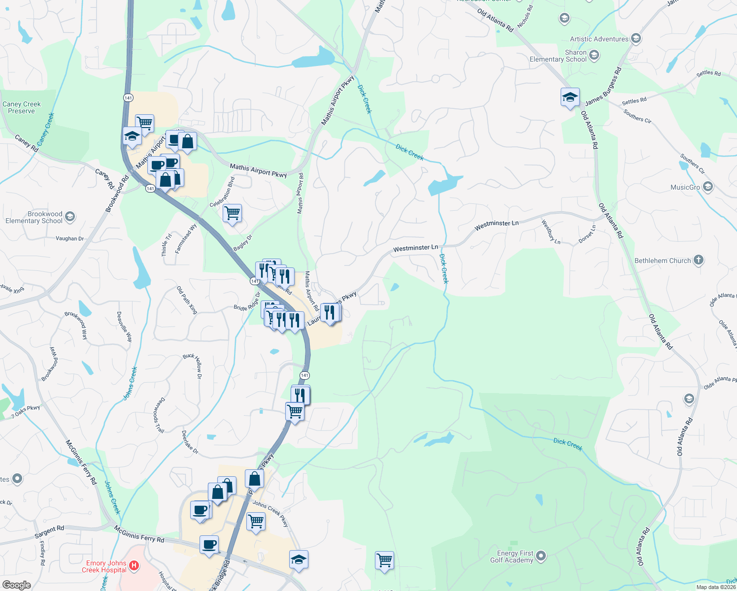 map of restaurants, bars, coffee shops, grocery stores, and more near 5230 Villa Lake Ct in Suwanee