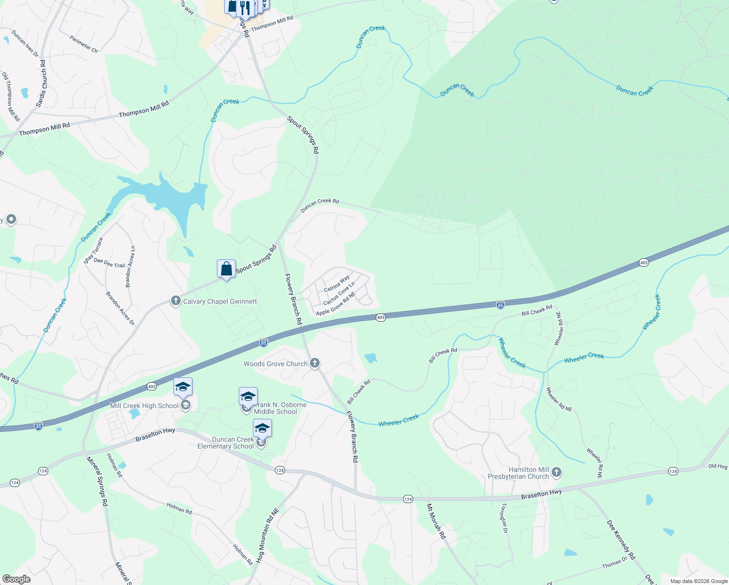 map of restaurants, bars, coffee shops, grocery stores, and more near 2252 Black Pebble Circle in Buford