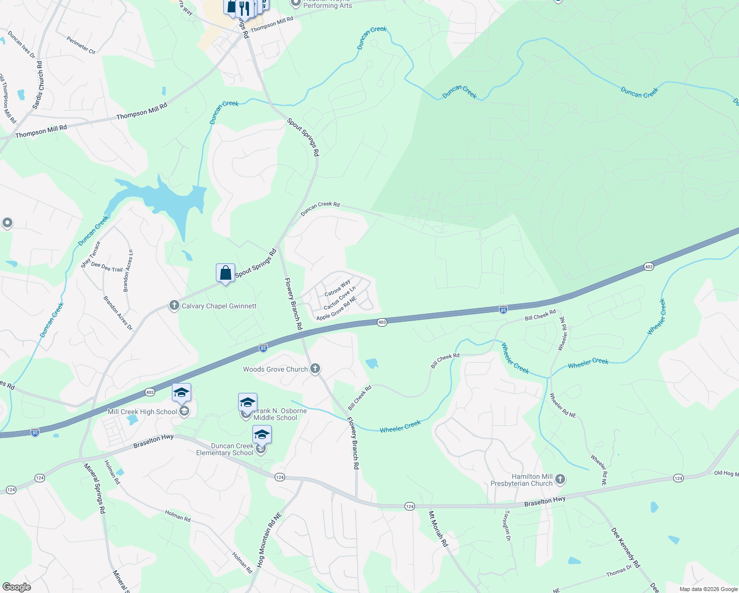 map of restaurants, bars, coffee shops, grocery stores, and more near 5586 Apple Grove Road Northeast in Buford