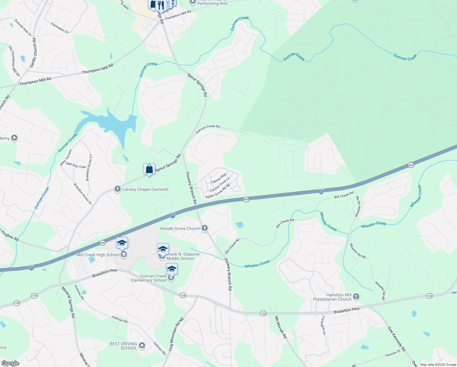 map of restaurants, bars, coffee shops, grocery stores, and more near 5318 Cactus Cove Lane in Buford