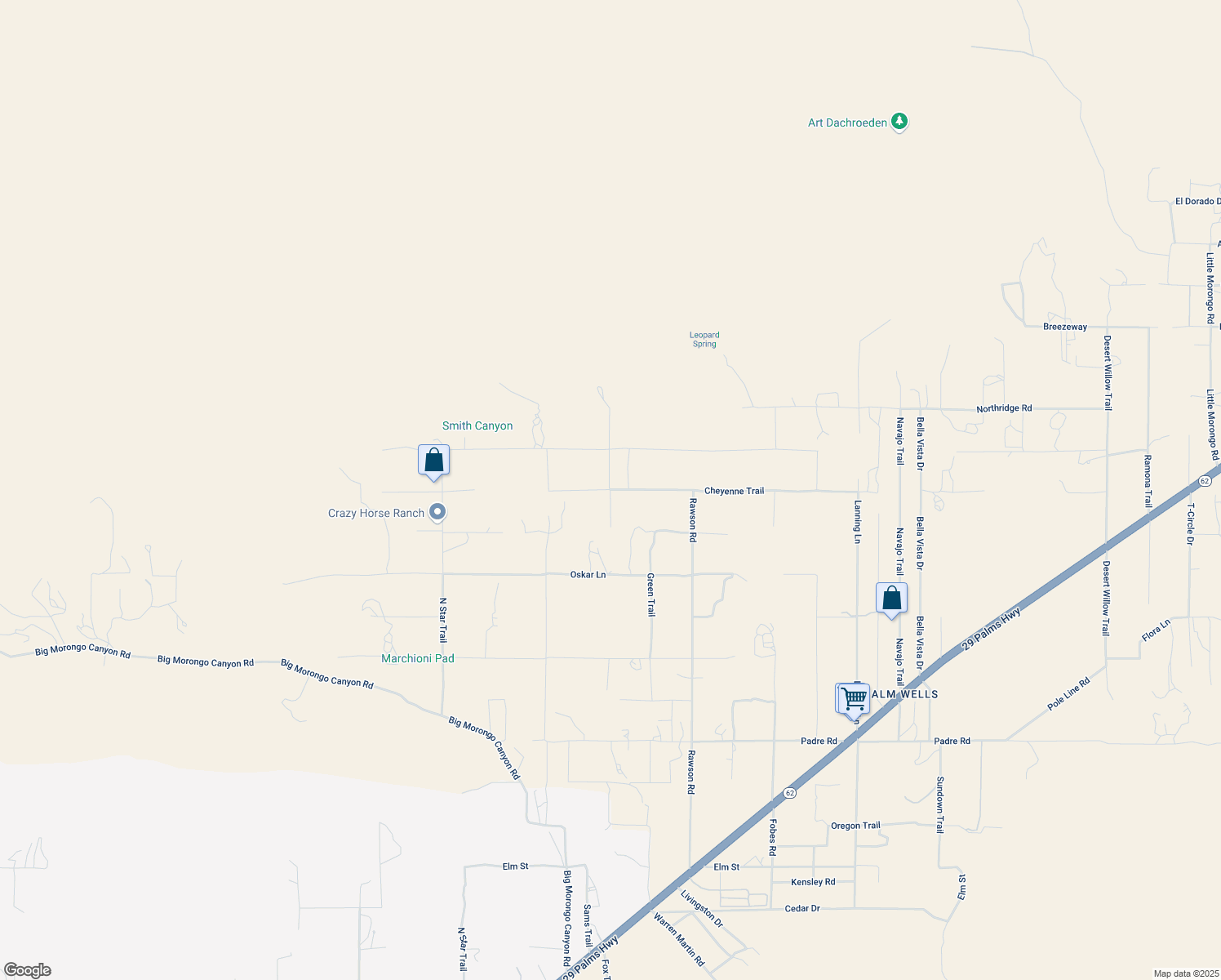 map of restaurants, bars, coffee shops, grocery stores, and more near 50819 Cheyenne Trail in Morongo Valley