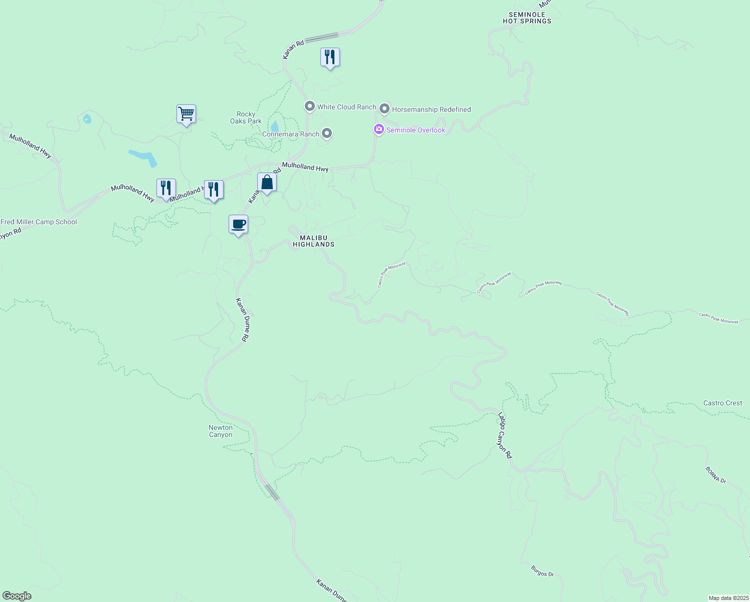 map of restaurants, bars, coffee shops, grocery stores, and more near Castro Peak Motorway in Malibu
