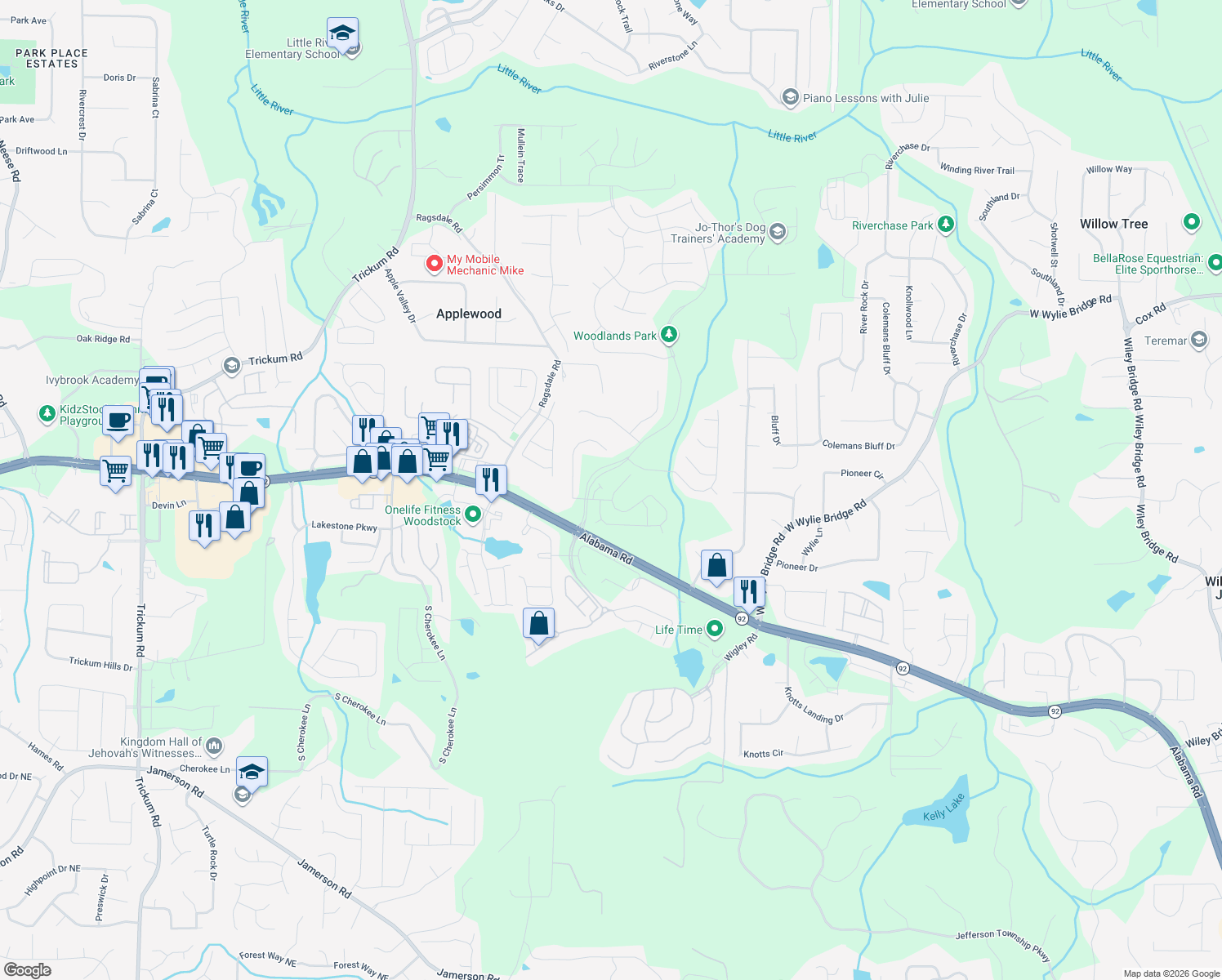 map of restaurants, bars, coffee shops, grocery stores, and more near 234 Balaban Circle in Woodstock