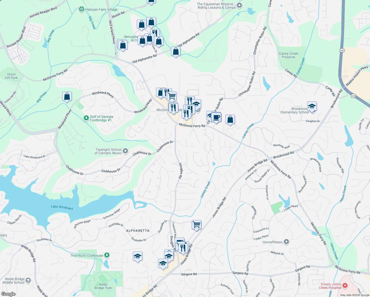 map of restaurants, bars, coffee shops, grocery stores, and more near 5615 Cannonero Dr in Alpharetta