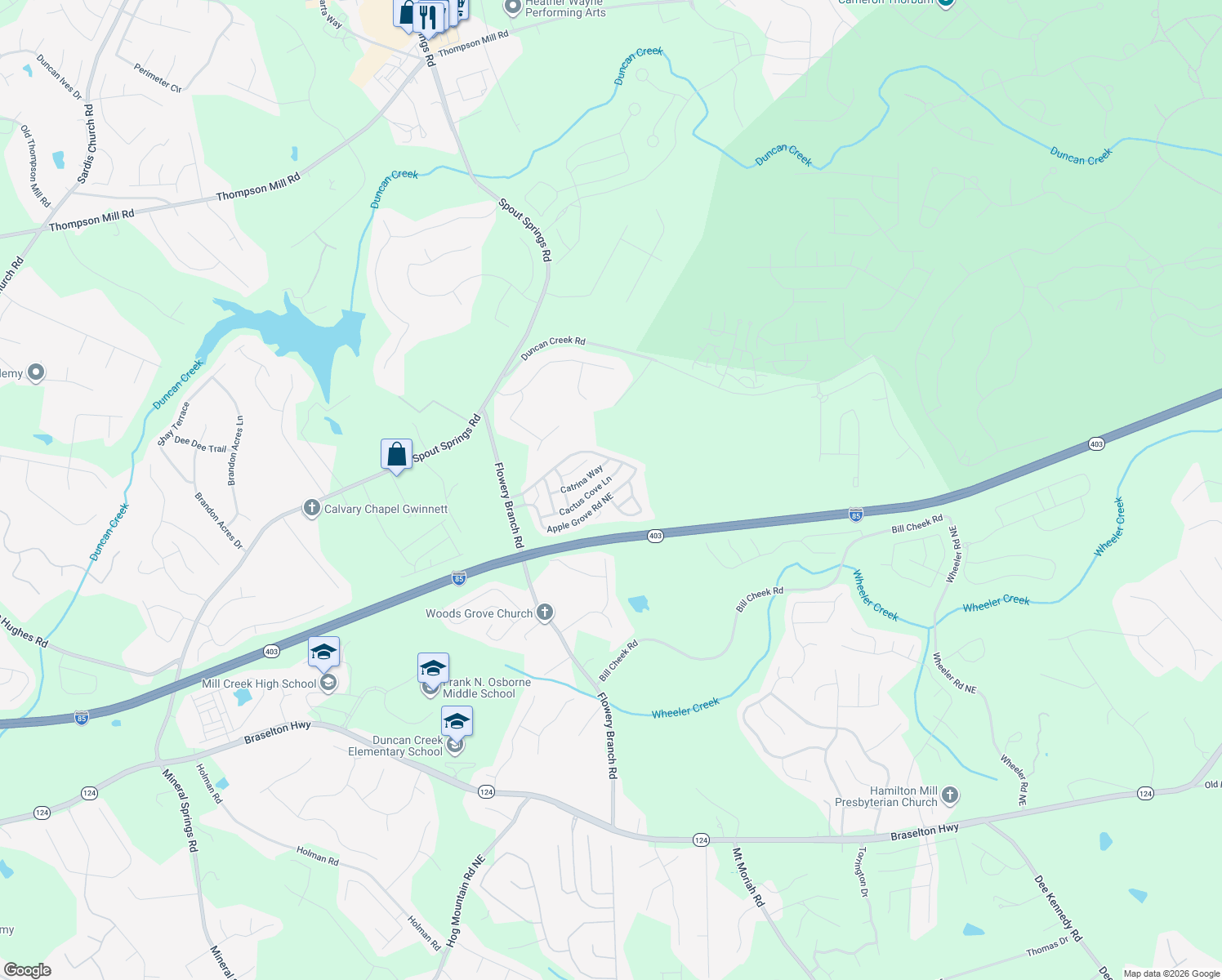 map of restaurants, bars, coffee shops, grocery stores, and more near 5681 Apple Grove Road Northeast in Buford