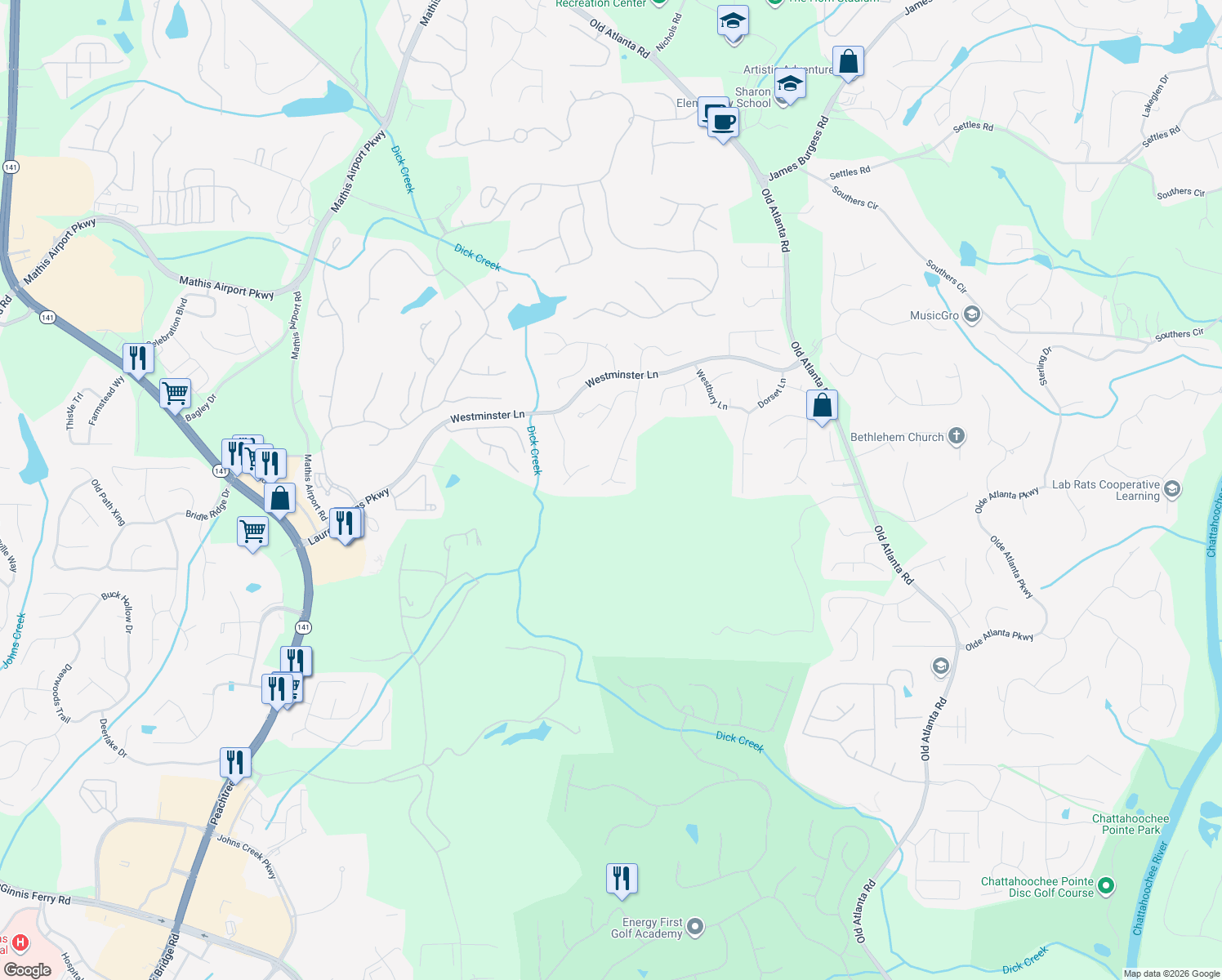 map of restaurants, bars, coffee shops, grocery stores, and more near 4910 Ashwell Lane in Suwanee