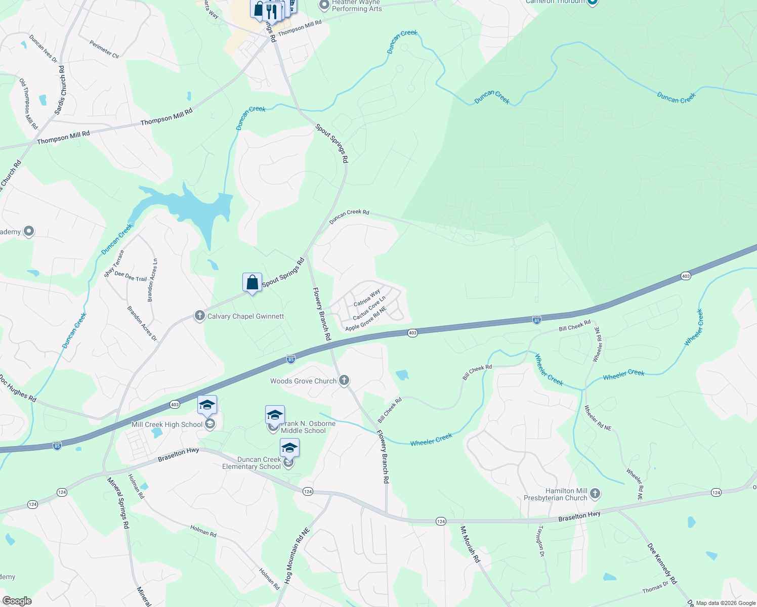 map of restaurants, bars, coffee shops, grocery stores, and more near 5265 Cactus Cove Lane in Buford
