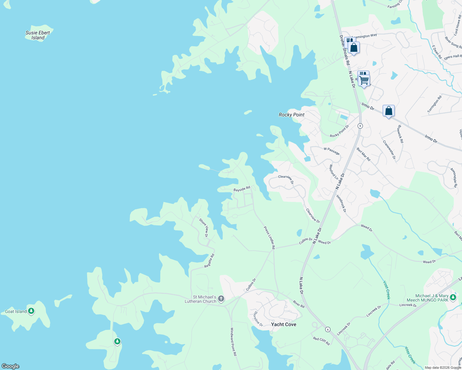 map of restaurants, bars, coffee shops, grocery stores, and more near 338 Bayside Road in Columbia