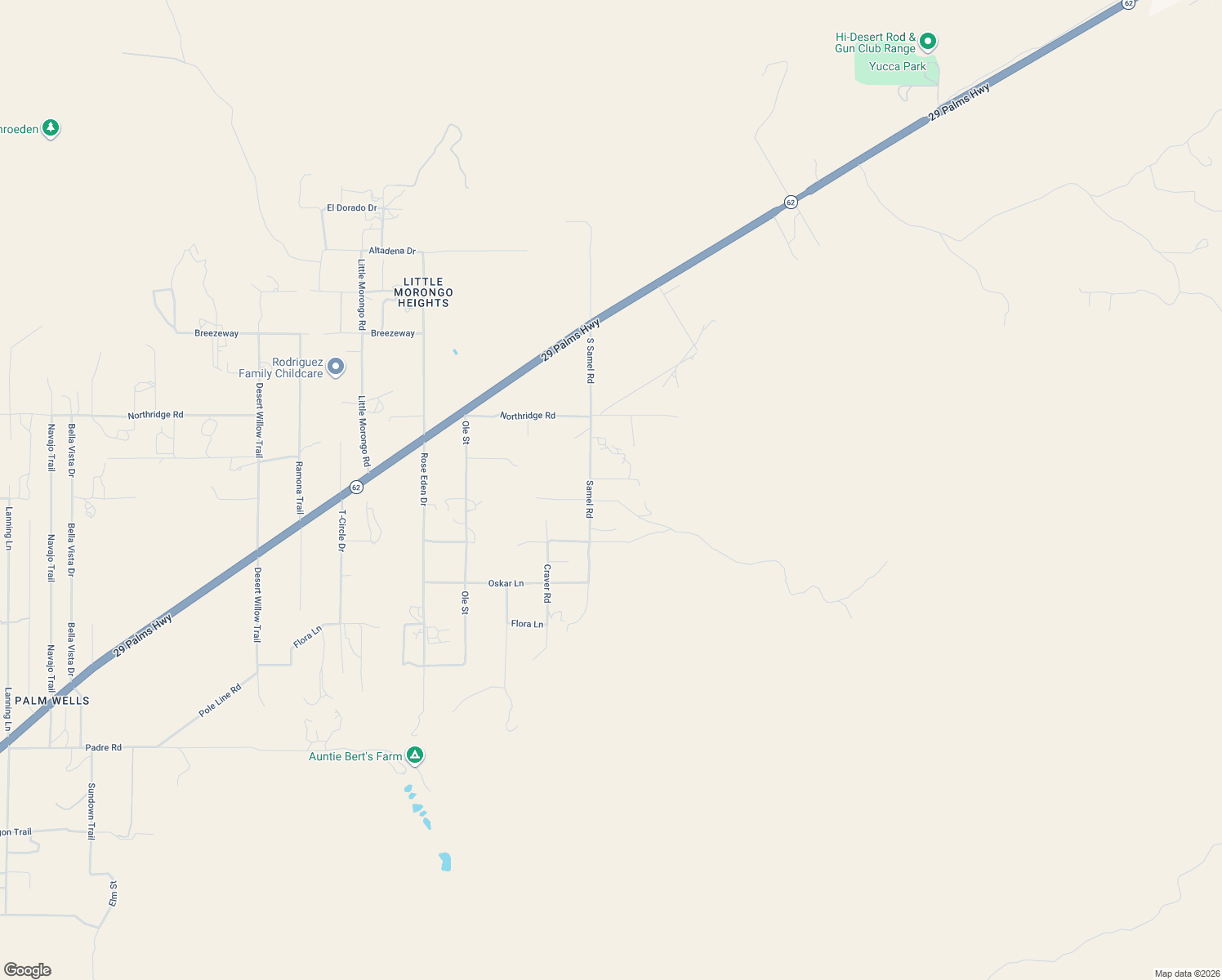 map of restaurants, bars, coffee shops, grocery stores, and more near 52978 Highview Trail in Morongo Valley