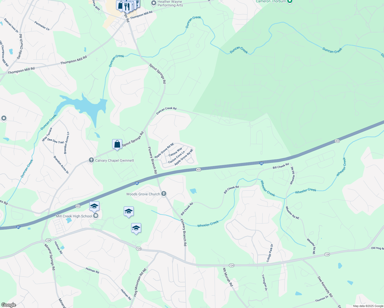 map of restaurants, bars, coffee shops, grocery stores, and more near 2275 Black Pebble Circle in Buford